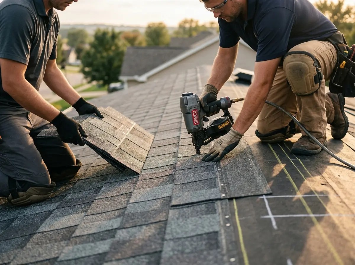 Professional roofer working on a residential roof in Maumee